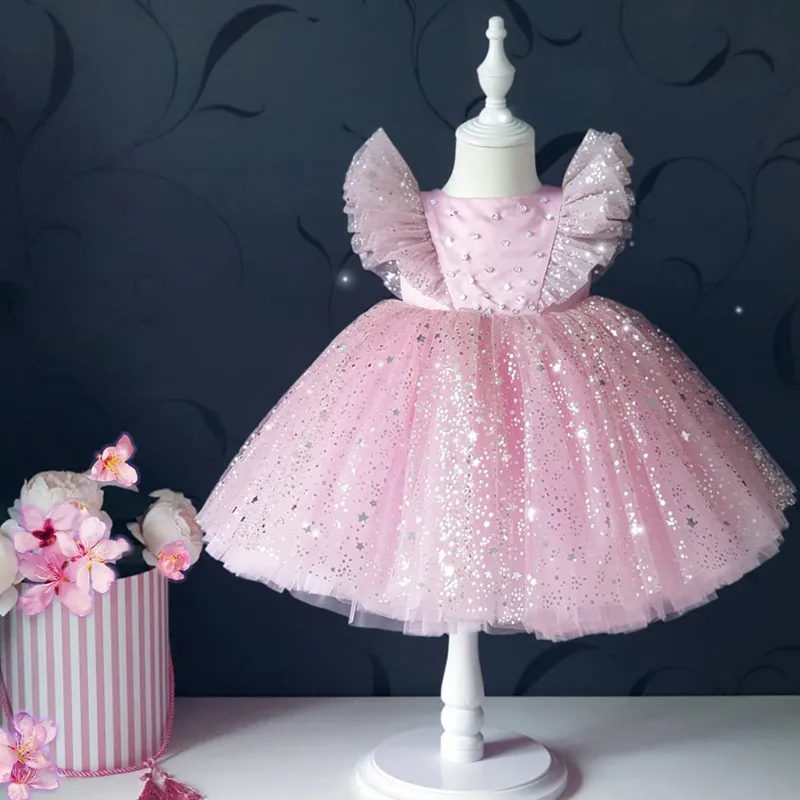 Kids Toddler Girls Fashion Party Cute Sweet Solid Color Sequins Pleated Sleeveless Mesh Party Tutu Dress