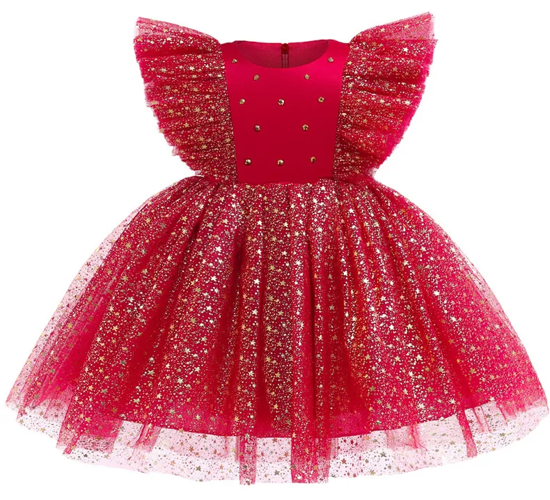 Kids Toddler Girls Fashion Party Cute Sweet Solid Color Sequins Pleated Sleeveless Mesh Party Tutu Dress