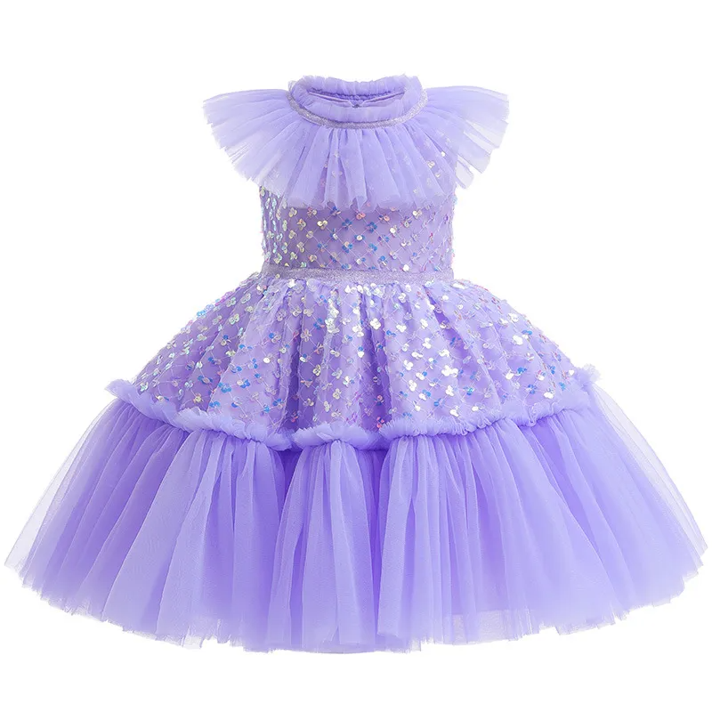 Kids Toddler Big Girls Fashion Party Cute Sweet Solid Color Sequins Pleated Sleeveless Mesh Party Tutu Dress