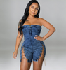 Women Fashion Sexy Off-The-Shoulder Slit Chain Lace-Up Denim Rompers