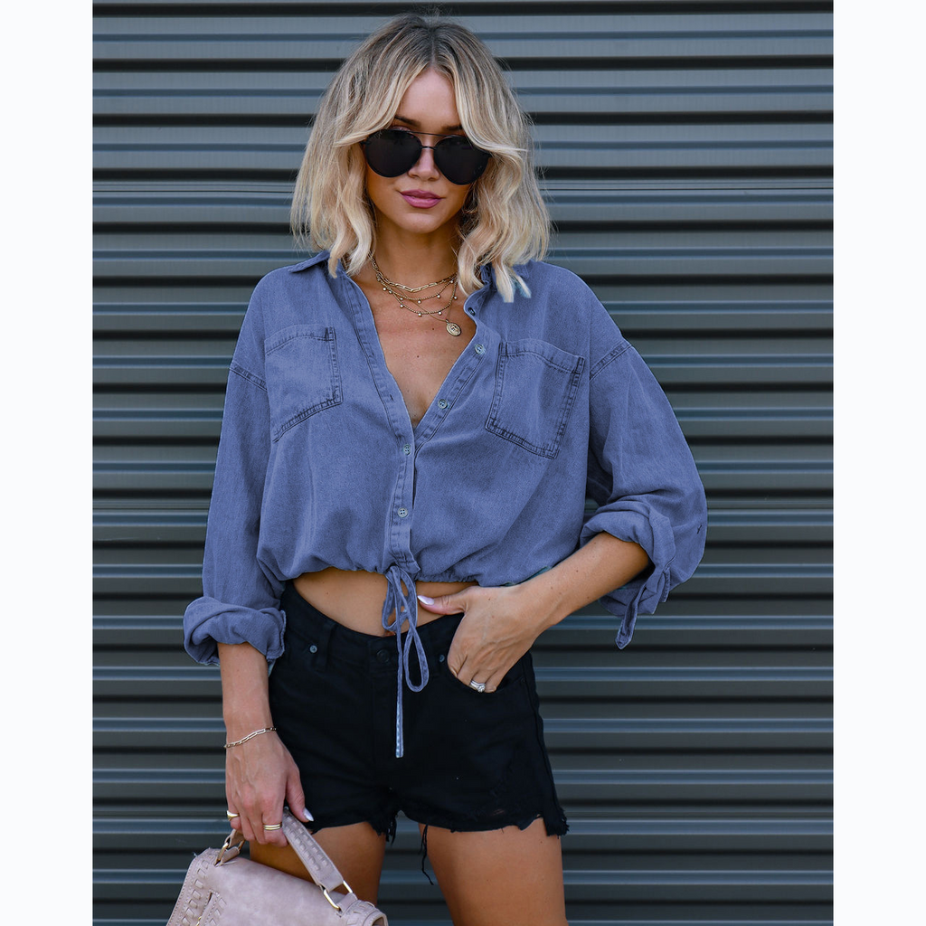 Women'S Fashion Casual Drawstring Lace-Up Cropped Long Sleeve Denim Shirt