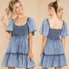 Women Fashion Sweet Vacation Square Neck Washed Short-Sleeved Denim Dress