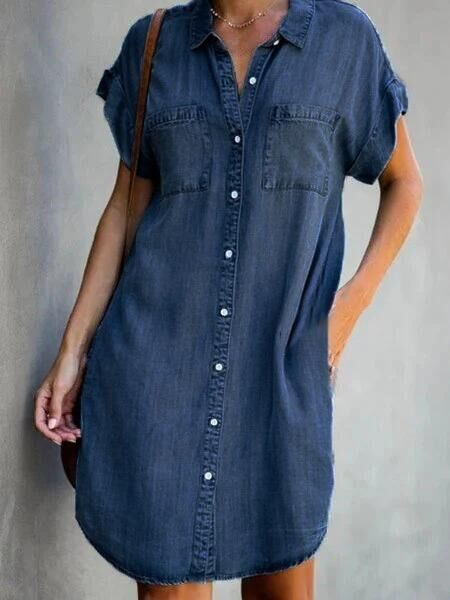 Women'S Fashion Short Sleeve Slim Lapel Single-Breasted Denim Dress