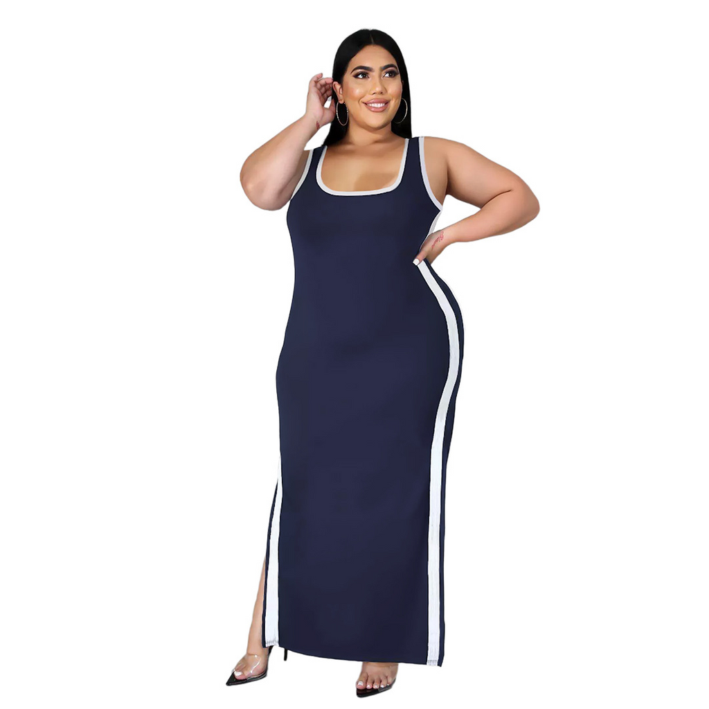 Women Casual Summer Plus Size Color Contrast Side-Slit Stripe Maxi Dress