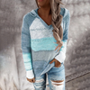 Women Casual Loose V-Neck Hollow Pullover Stripe Hooded Knitted Sweater