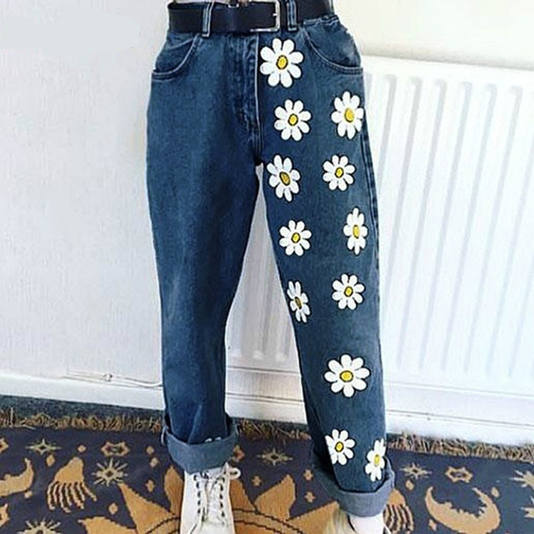 Women'S Fashion Floral Printing Denim Trousers