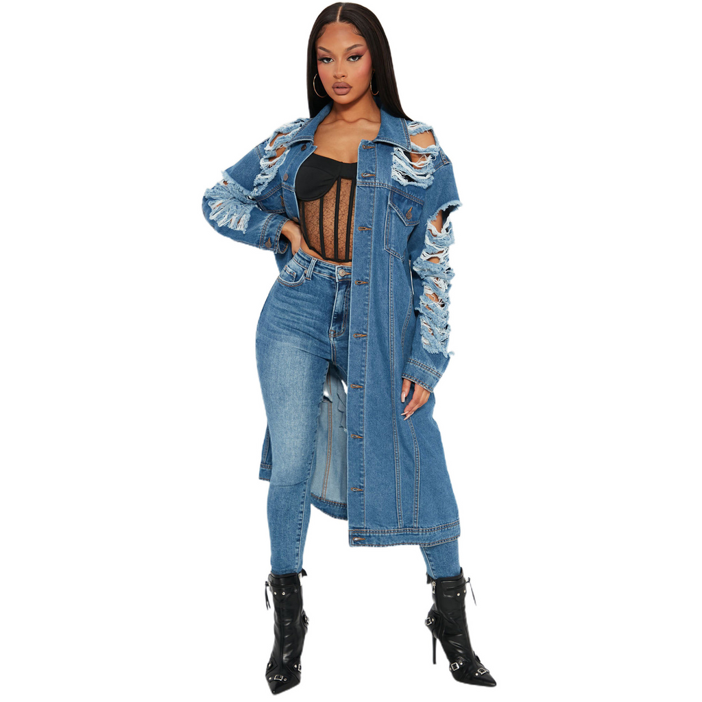 Women'S Fashion Ripped Long Sleeve Denim Jacket