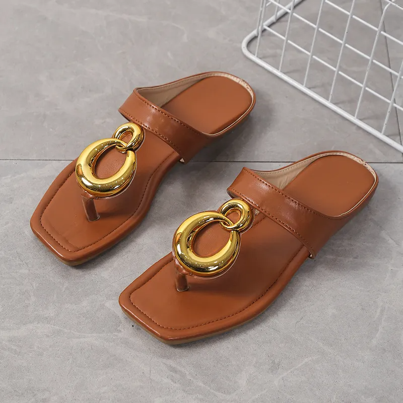 Women Fashion Plus Size Casual Metal Decorative Square Toe PU Flat Thong Slippers