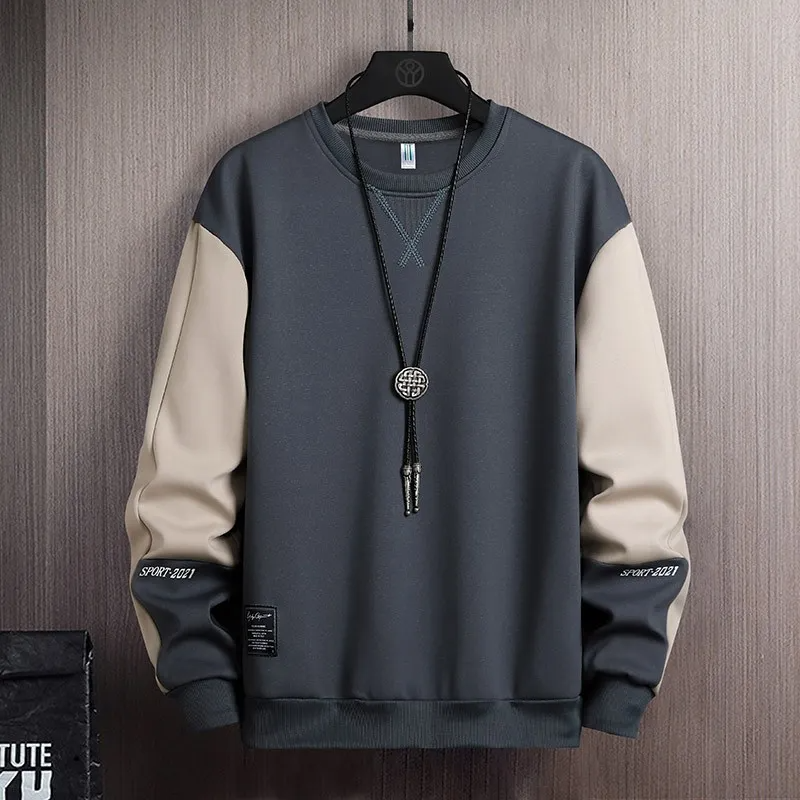 Men Fashion Round Neck Long Sleeve Large Size Loose Color Matching Sweatshirt