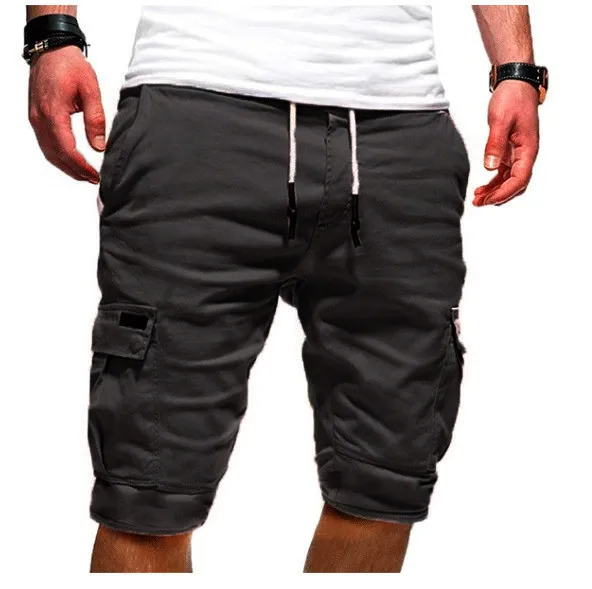 Men Casual Mid-Rise Solid Color Multi-Pocket Sports Shorts