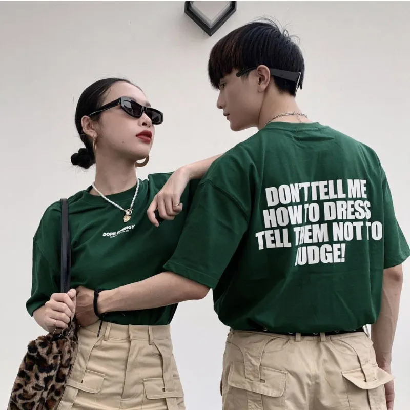 Street Fashion Men Women Short Sleeve Round Neck Letter Print Loose Green T-Shirt