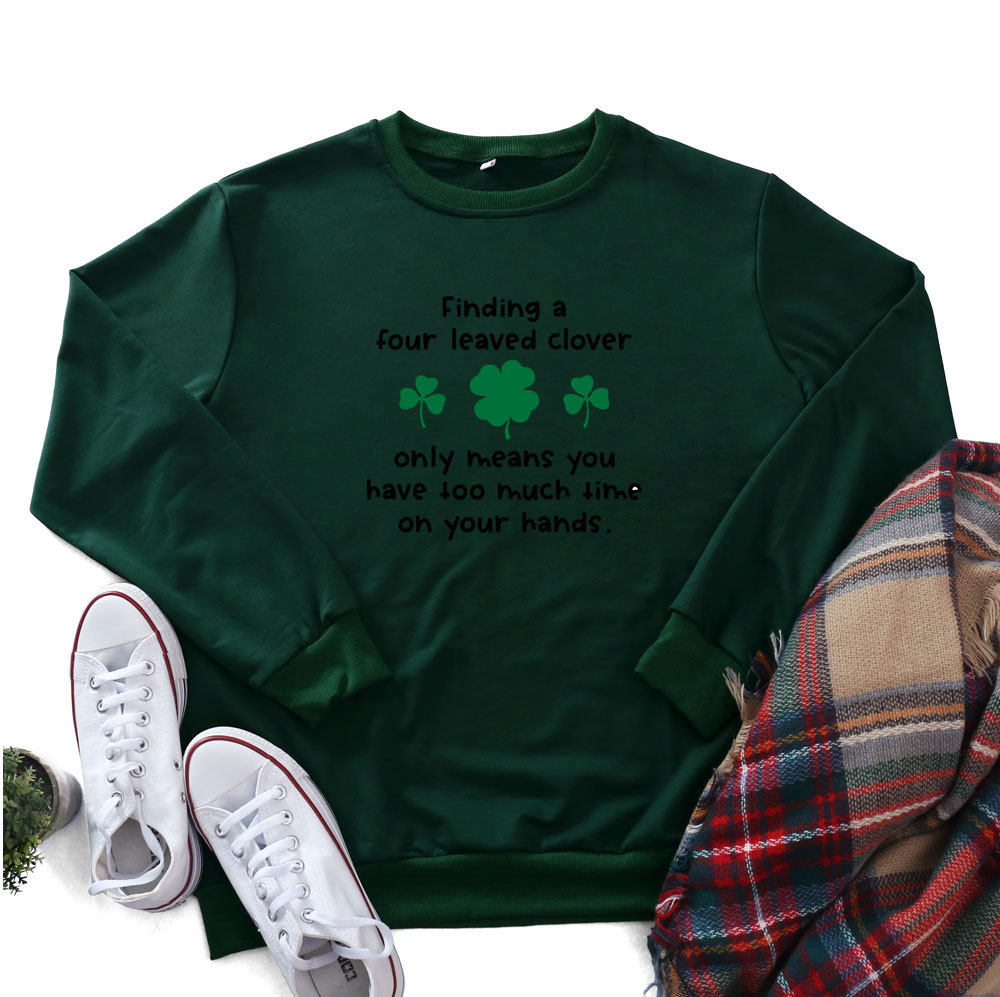 St.Patrick'S Day Fashion Women'S Long Sleeve Four Leaf Clover Letter Print Round Neck Sweatshirt