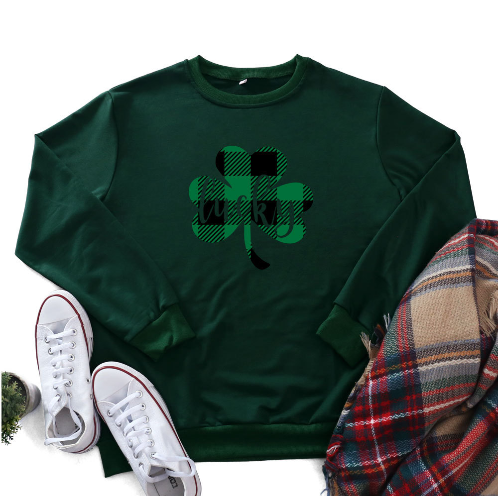 St.Patrick'S Day Fashion Women'S Long Sleeve Check Four Leaf Printed Round Neck Sweatshirt