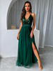 Elegant Women Fashion Sequin Decor Deep V Side Slit Mesh Maxi Party Evening Dress