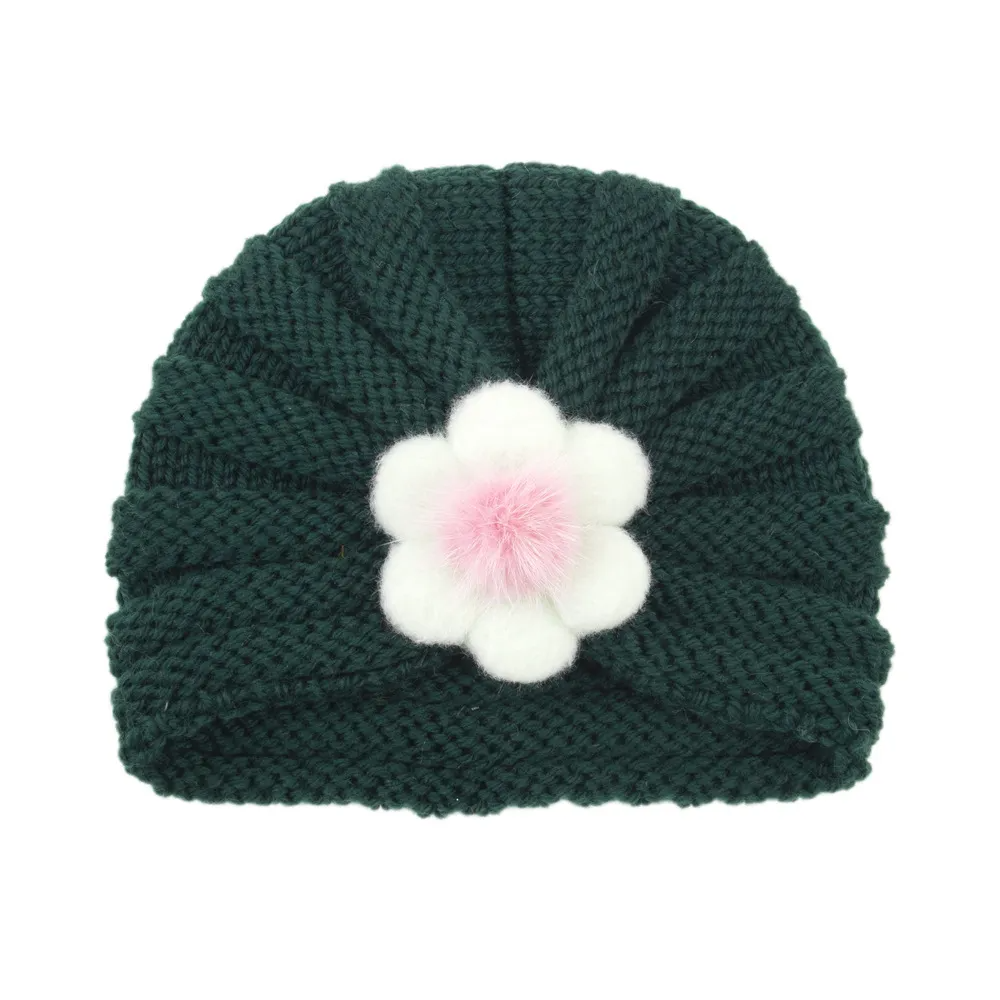 Kids Simple Solid Color Big Flower Warm Woolen Knitted Pullover Hat