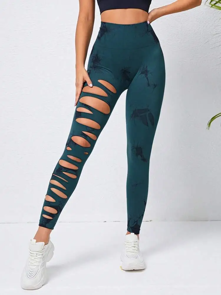 (Buy 1 Get 1) Fashion Women Sports Yoga High Waist Tie Dye Print Ripped Hollow Leggings Pants