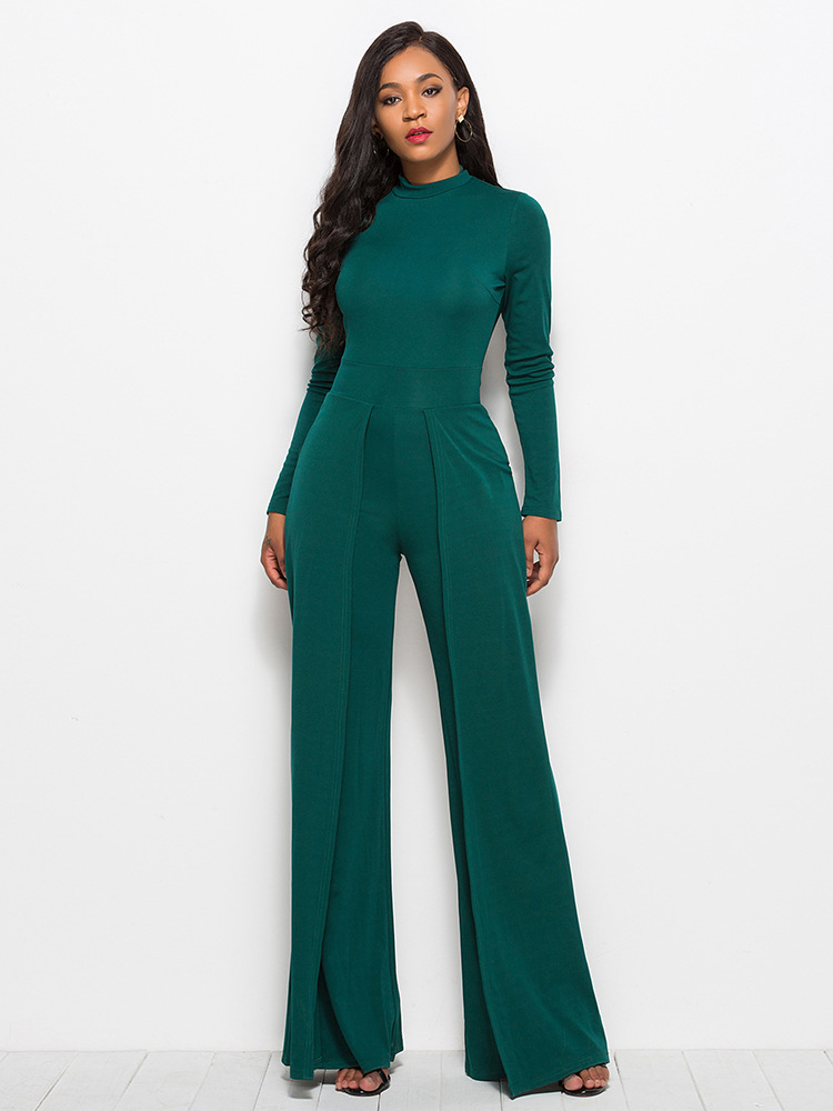 Women Solid Color Round Neck Long Sleeve Waist Slim Fashion Wide Leg Jumpsuit