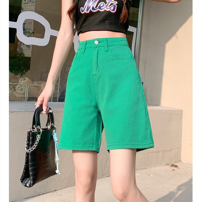 Women Fashion Casual Loose High-Waisted Half-Zip Wide-Leg Denim Shorts