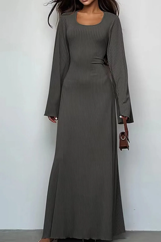 Women Fashion Casual Loose Solid Color Long Sleeve Maxi Dress