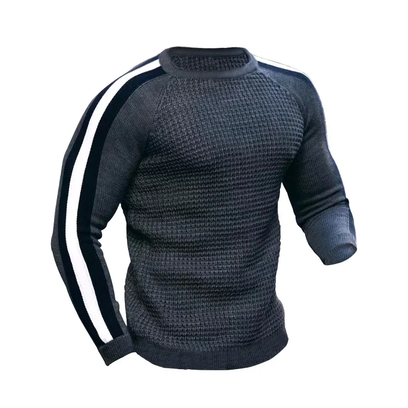 Men Autumn Winter Fashion Casual Simple Color Matching Round Neck Long Sleeve Knitted Shirt