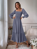 Women Ramadan /Eid Fashion Solid Color Square Collar Long Sleeve Ruffled High Waist Maxi Dress