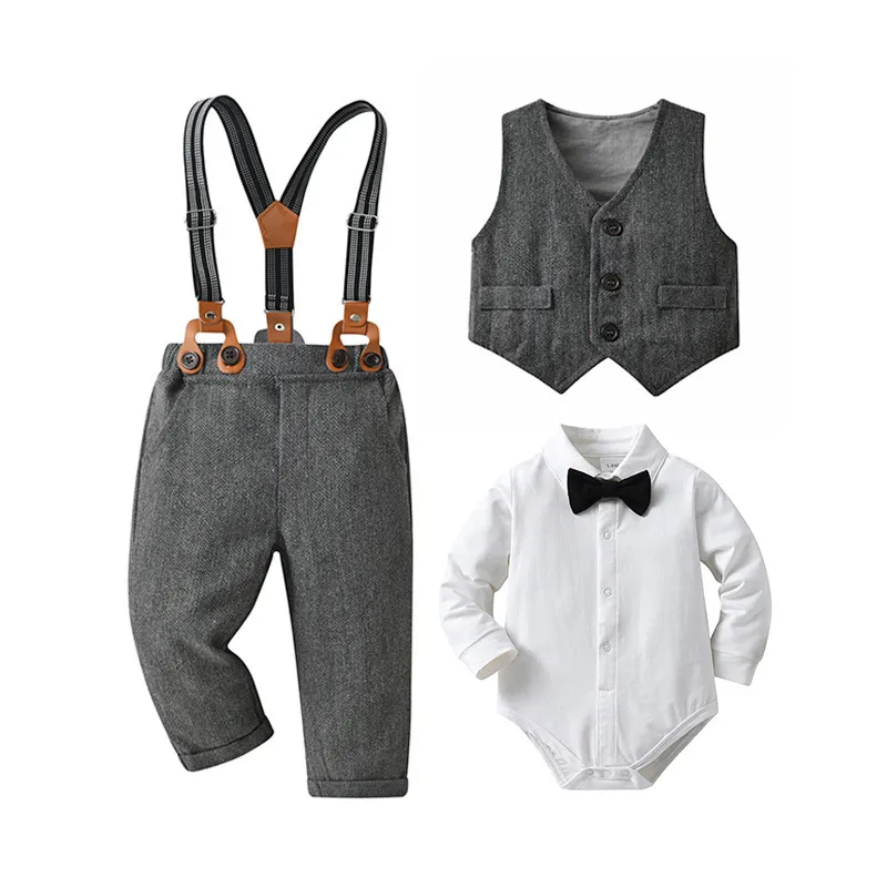 Kids Baby Boys Spring Autumn Fashion Casual British Style Bow Waistcoat Shirt Romper Suspender Trousers Boys Party Clothing Set