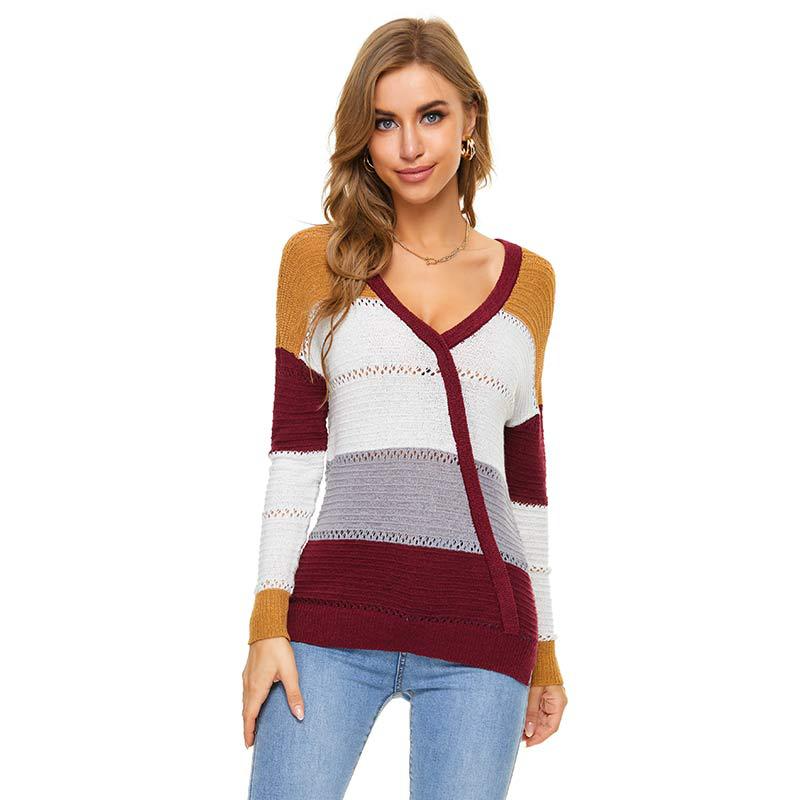Women Casual Loose V-Neck Color Blocking Knitted Sweater