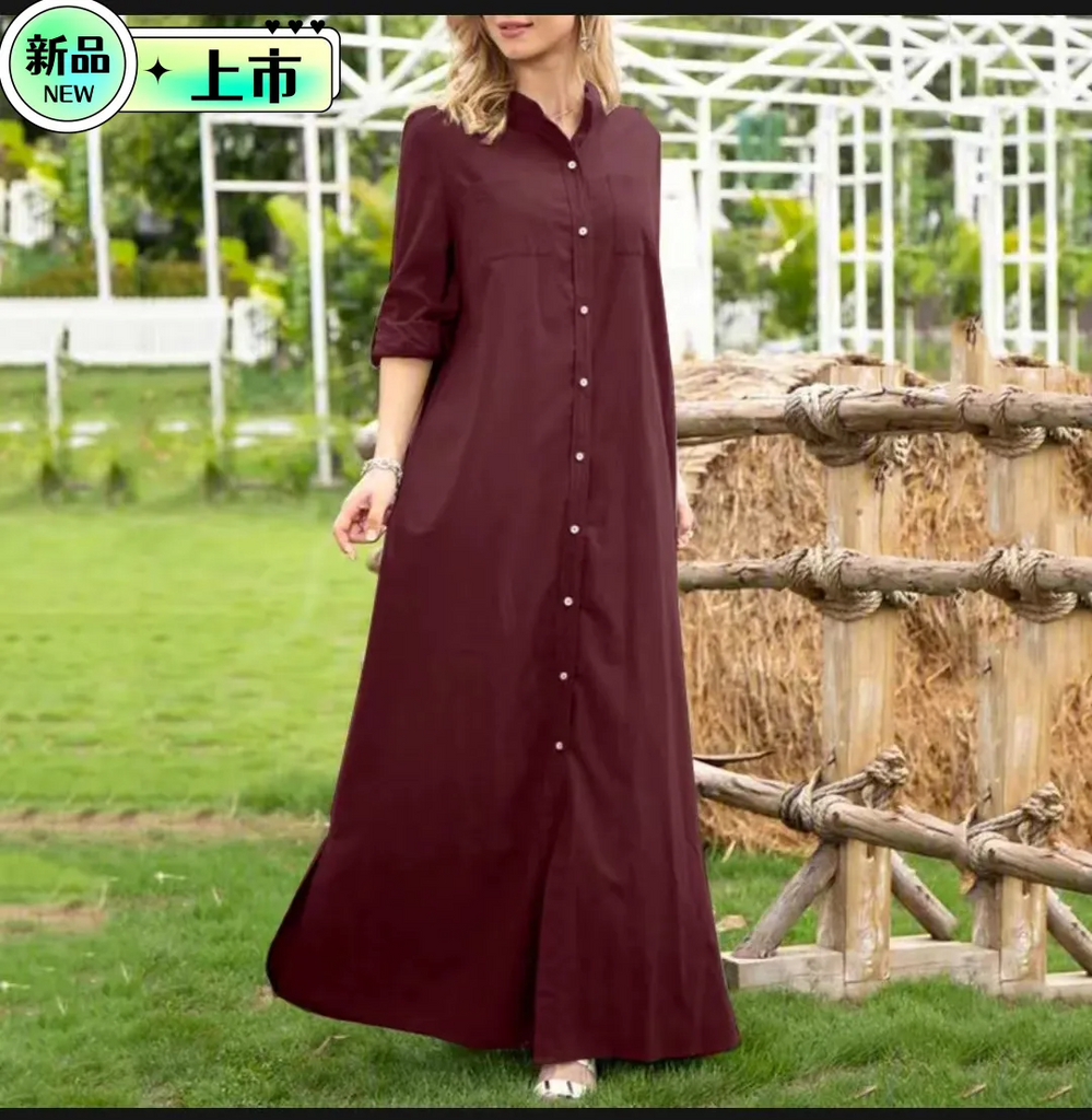 Women Ramadan /Eid Casual Fshion Solid Color Long Sleeve Single-Breasted Maxi Shirt Dress