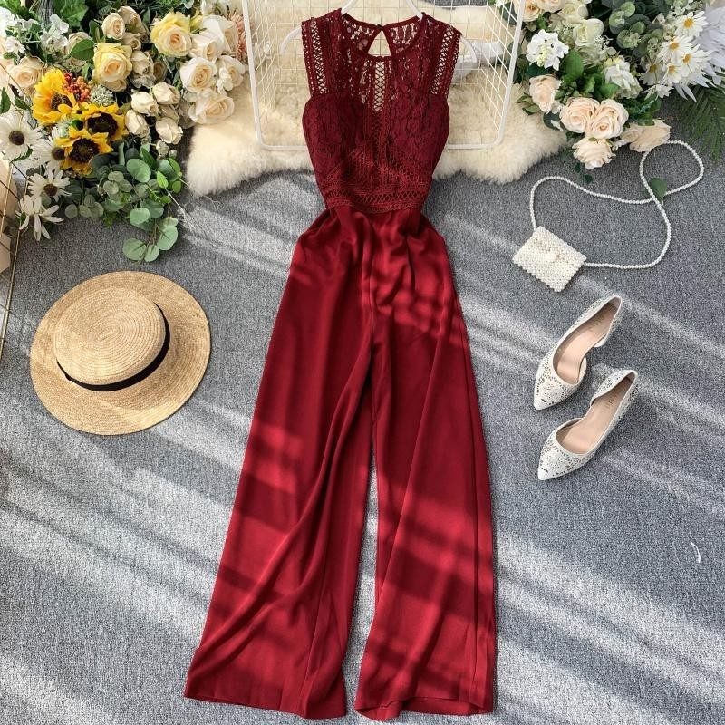 Women Fashion Causal Solid Color Lace Patchwork Hollow Sleeveless Defined Waist Jumpsuits