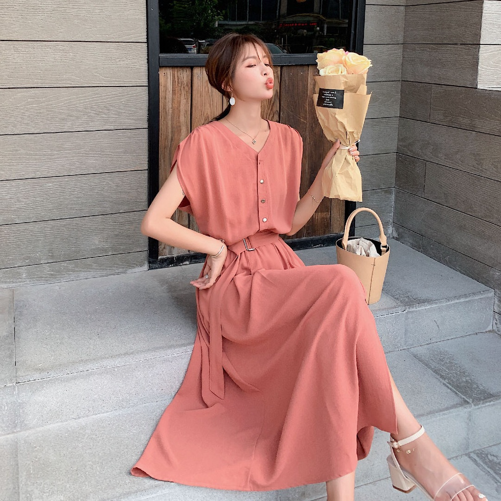 Women Fashion Minimalist Casual Elegant Solid Color Round Neck Defined Waist Chiffon Knee-Length Dress