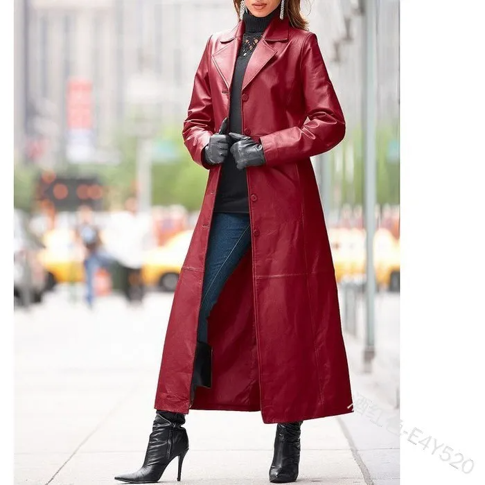 Women Fashion Solid Color PU Long Coat