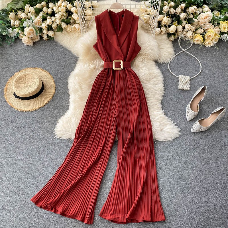 Women Retro Solid Lar Wide Leg Jumpsuits