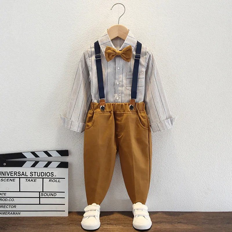 Kids Toddler Big Boys Spring Autumn Fashion Casual British Style Bow Waistcoat Stripe Shirt Suspender Trousers Party Clothing Set