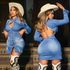 Women Fashion Sexy Backless Long Sleeve Buttoned Women Denim Mini Dress