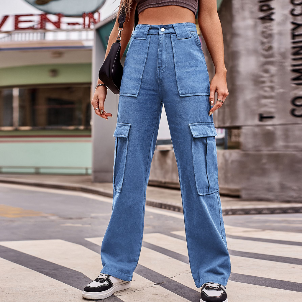 Fashion Women Street Style Multi Pocket Overalls Loose Casual Denim Pants