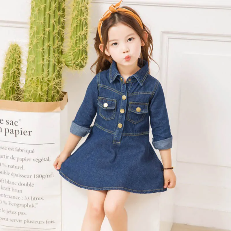 Kids Girls Simple Lapel Long Sleeve Pockets Denim Dress