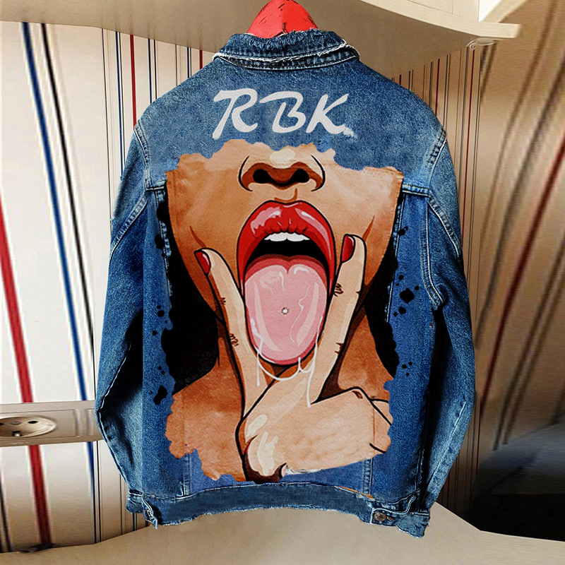 Women Casual Long Sleeves Graphic Printed Single-Breasted Denim Jacket