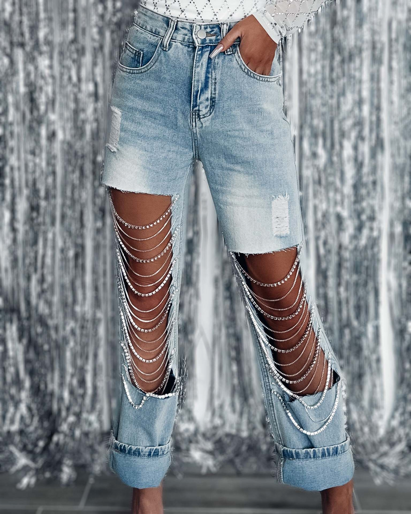 Women Fashion Street Oversized Ripped Chain Charm Straight Leg Jeans