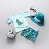 Kids Boys Cute Cartoon Dinosaur Round Neck Short Sleeve Top And Elastic Bottom With Cap Swimwear Set