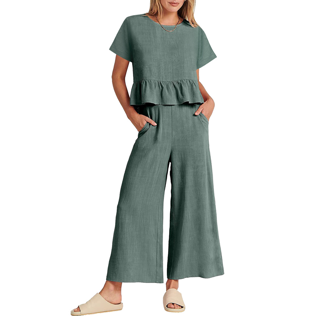 Solid Color Women Fashion Ruffle Short Sleeve Top Casual Pants Set