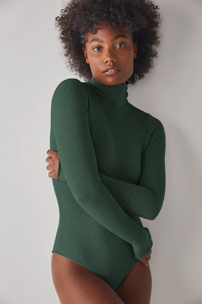 Fashion Women Solid Color Turtleneck Long Sleeve Slim Fit Stretch Rib-Knit Bodysuit