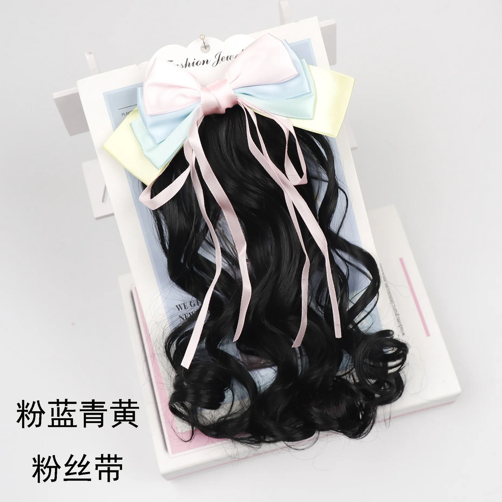 ( Buy 1 Get 2 ) Kids Girls Fashion Cute Sweet Party Bow Hair Band Solid Color Wig Defense