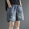 Women Fashion High Waist Embroidered Ripped Denim Shorts