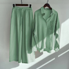 Women Casual Solid Color Linen Cotton Long Sleeve Blouse And Wide Leg Pants Set