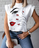 Women'S Simple Short Sleeve Stand Collar Lip Print Blouse