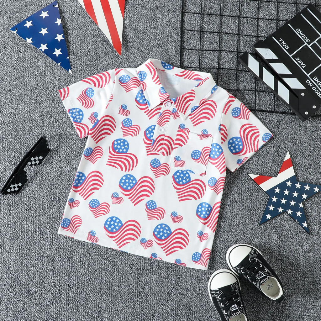 Children Kids Baby Fashion Boys Short Sleeve Star Print Shirt Independence Day Flag