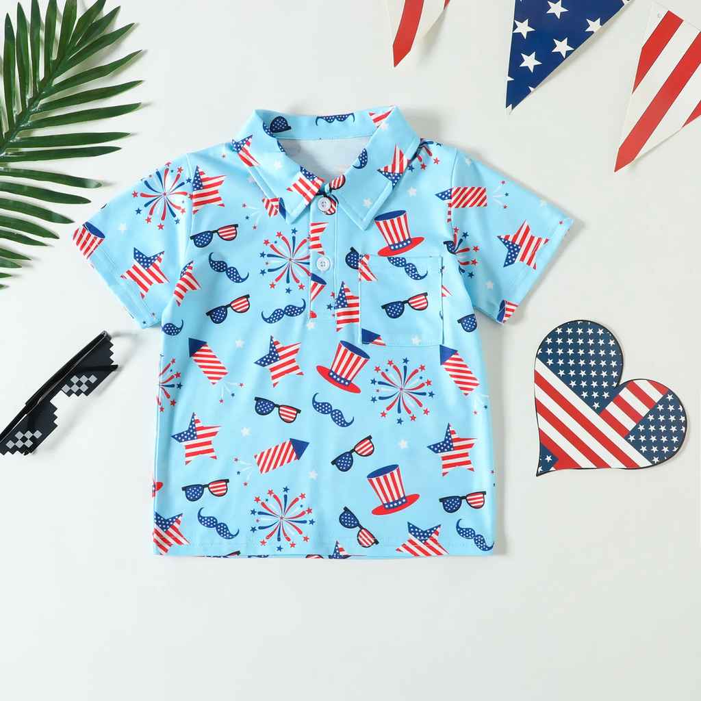 Children Kids Baby Fashion Boys Short Sleeve Star Print Shirt Independence Day Flag