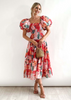 Women'S Temperament Fashion Backless Boat Neck Floral Printing Puff Sleeve Dress