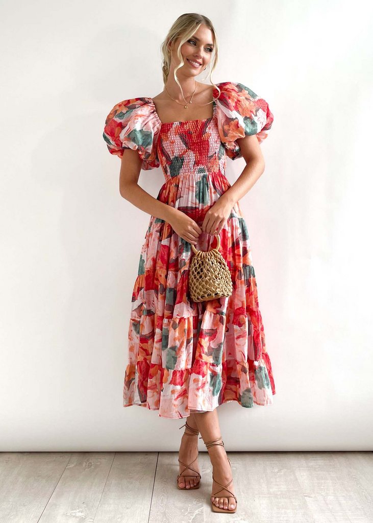 Women'S Temperament Fashion Backless Boat Neck Floral Printing Puff Sleeve Dress