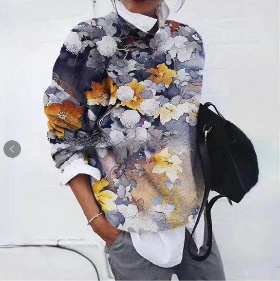 Women Fashion Painting Floral Print Loose Long Sleeve Sweatshirt